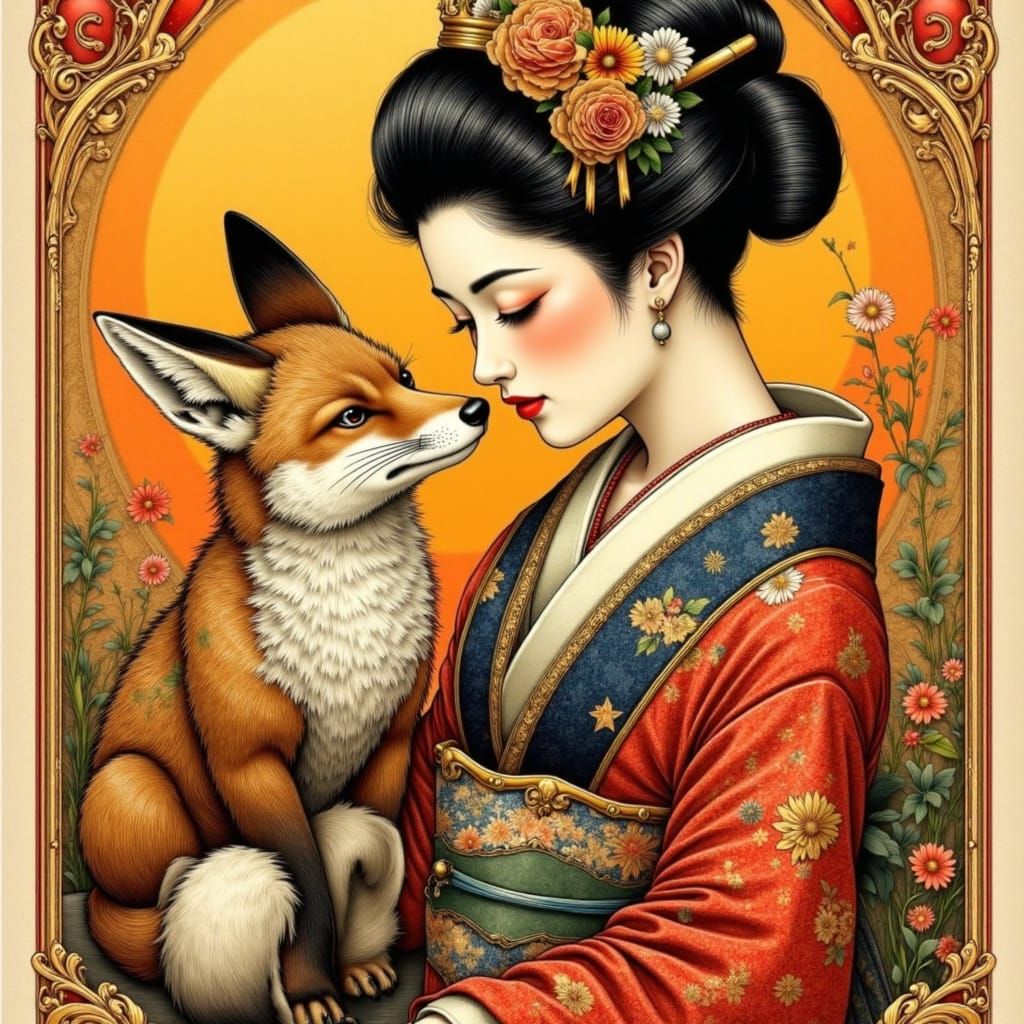 Vintage Geisha Tames Arcane Fox in Neo Traditional Style