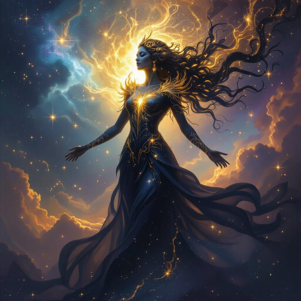 Ethereal Being of Light and Dark in Cosmic Nebula