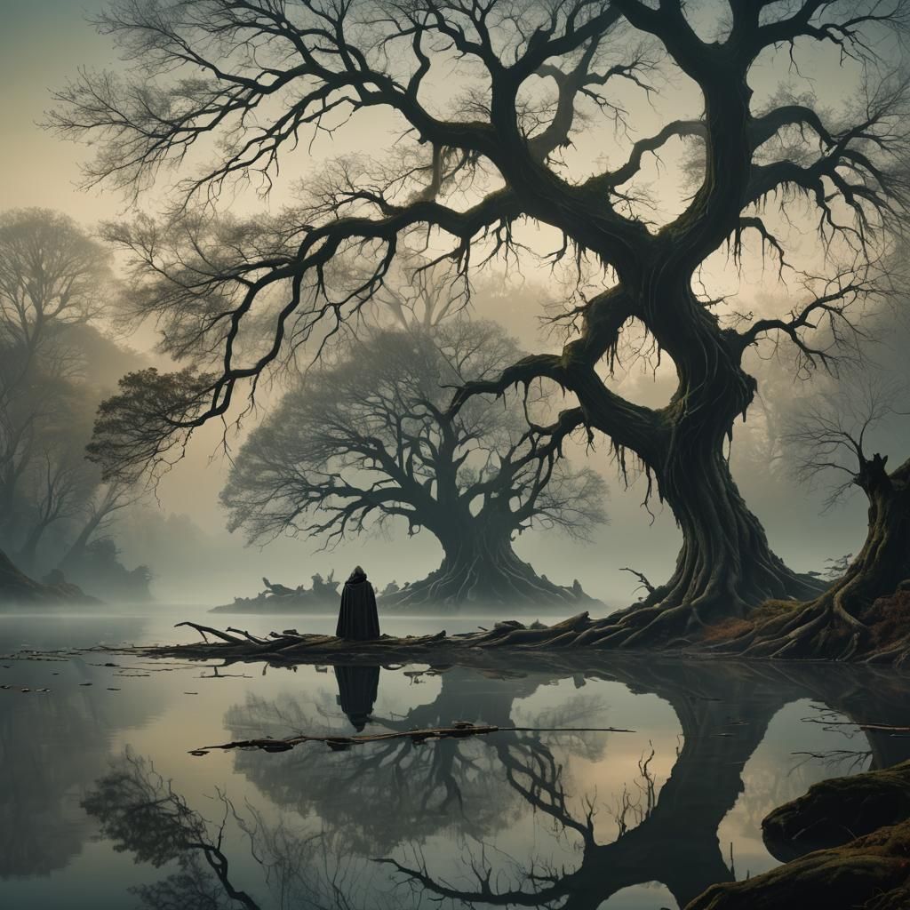 Ethereal Figure in Misty Lake Landscape