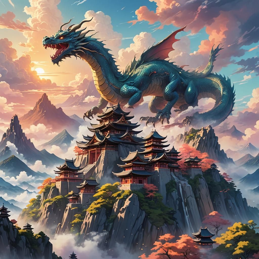 Dragon and Mountain Temple in Anime Style
