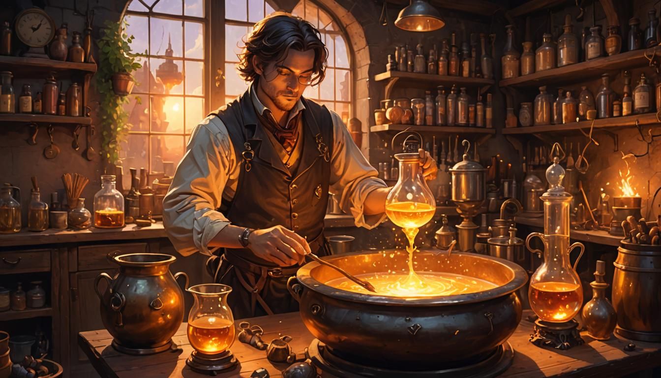 The Elixir Brewer in a Steampunk Workshop