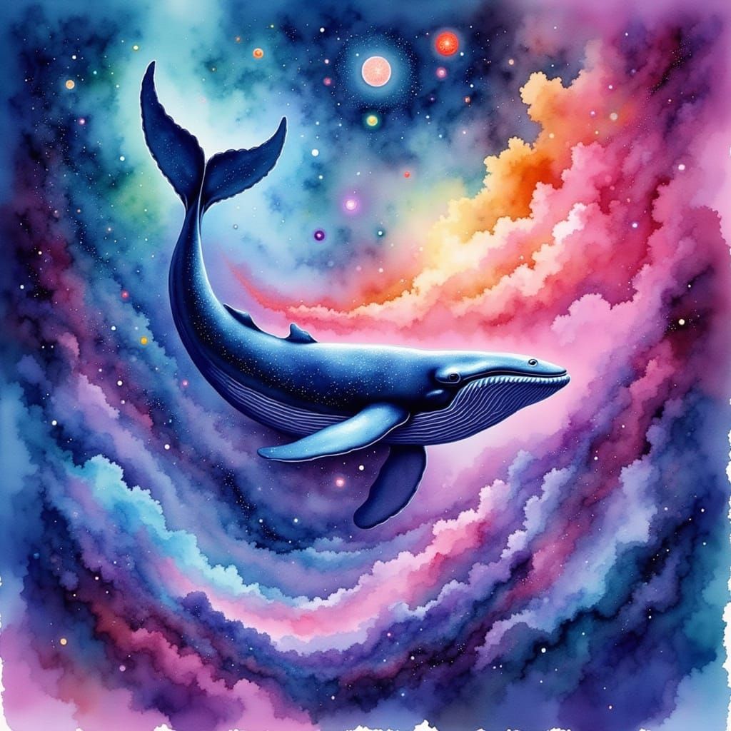 Dreamlike Humpback Whale in Cosmic Watercolor