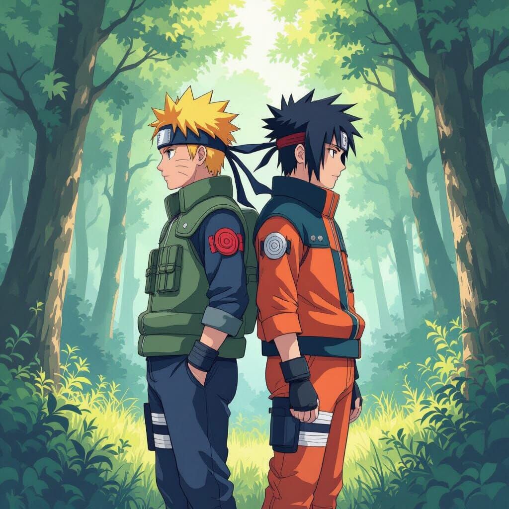 Naruto and Shikamaru in a Serene Forest, Miyazaki Style