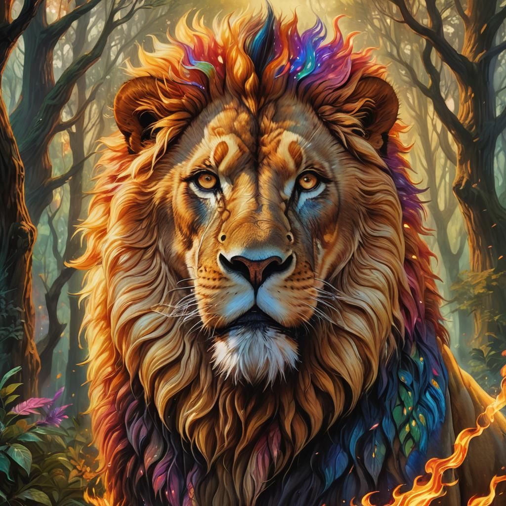Regal Lion with Flames in Mystical Forest