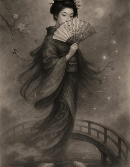 Elegant Geisha in Misty Garden Scene
