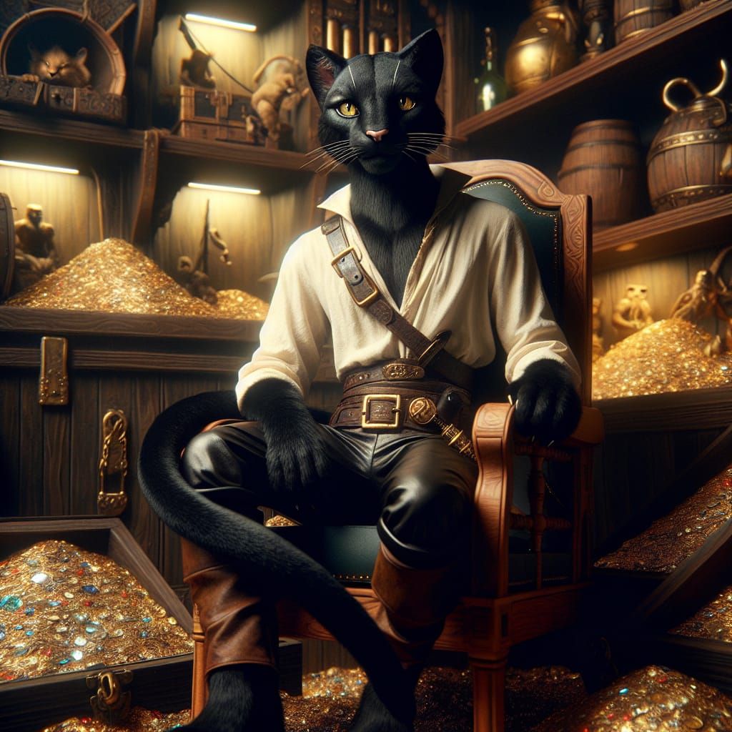 black leopard tabaxi rogue dressed like Sinbad the sailor