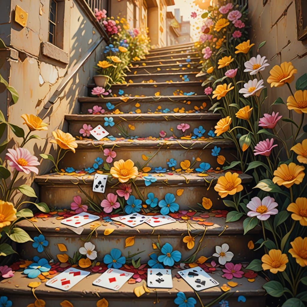 Surreal Flower Card Staircase in Oil Painting Style