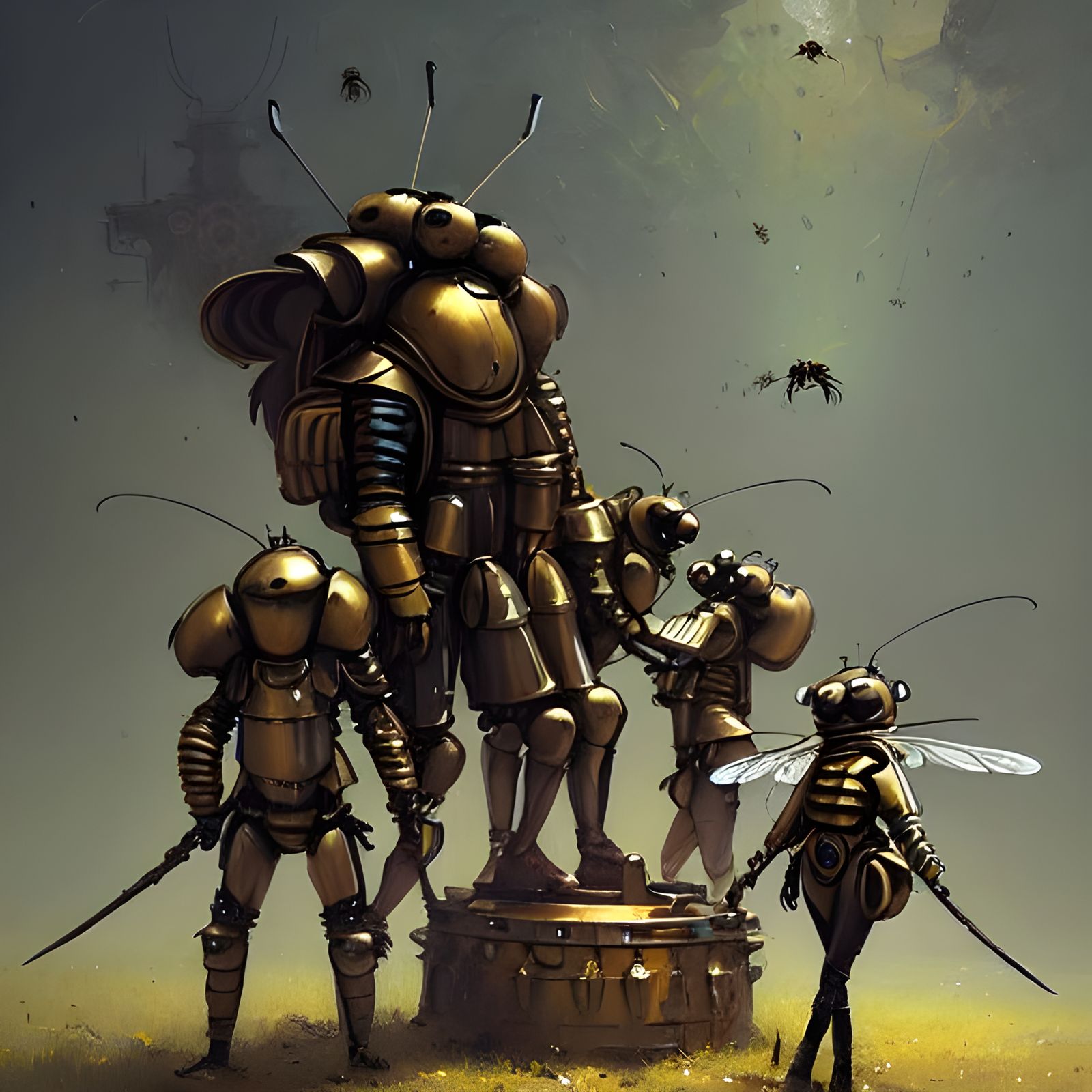 Honeybee Knights Mourn Queen in Steampunk Armor
