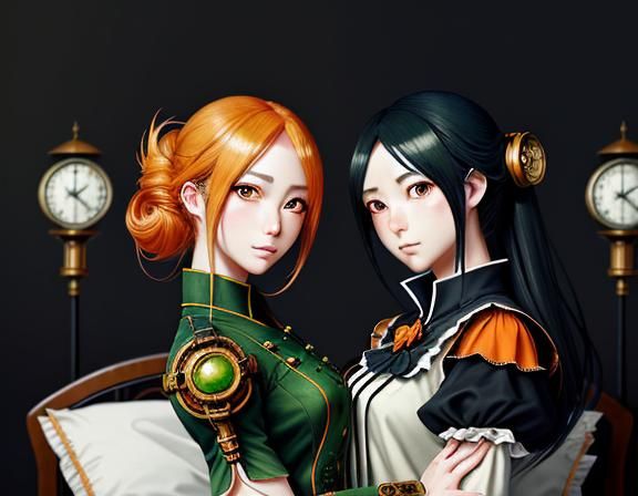 Kemono Twin Sisters Kissing in Manga Style