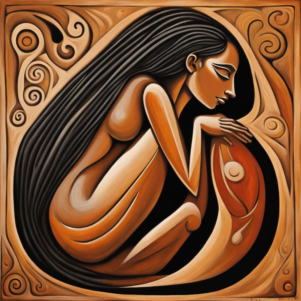 Art Nouveau Cave Painting of Grieving Figure