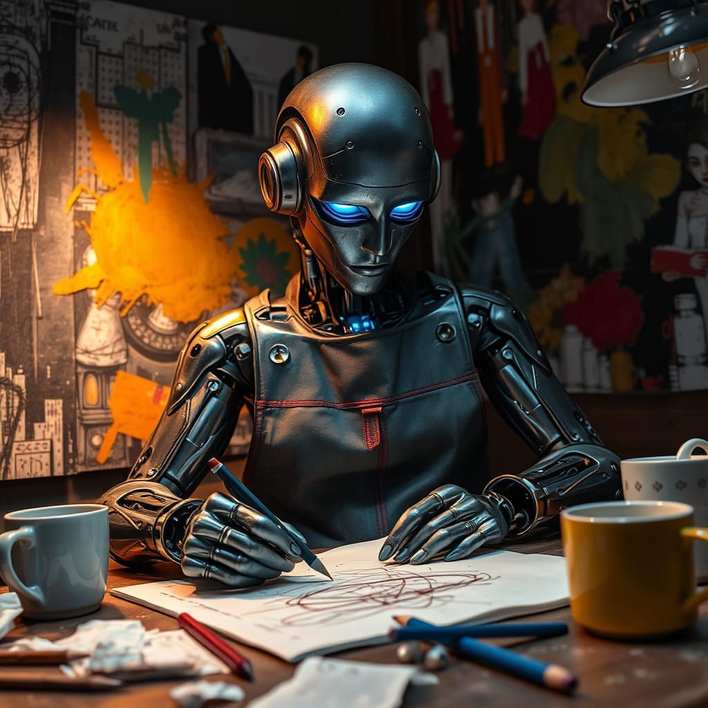 AI Robot Captures Creative Energy in Vibrant NightCafe Scene