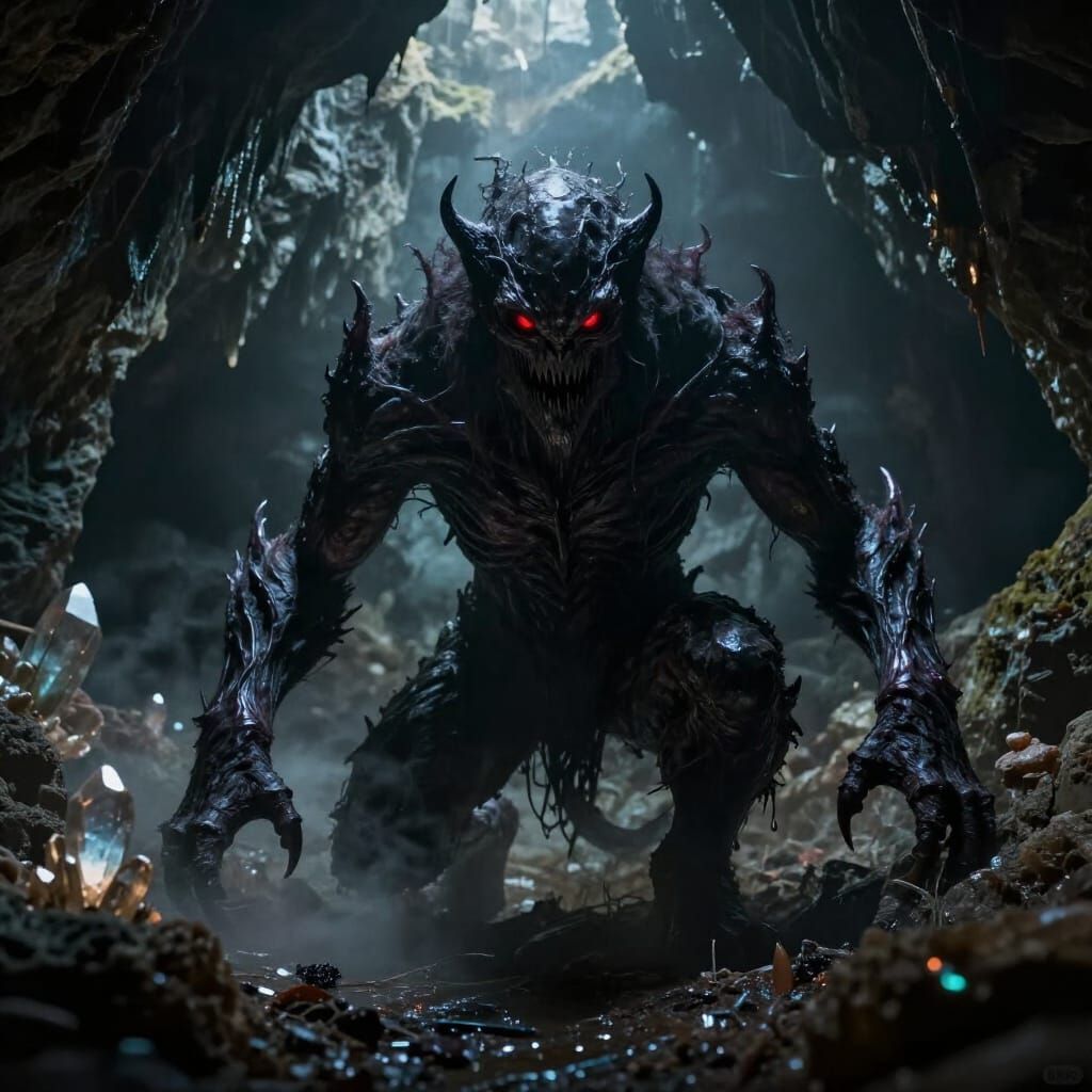 Photorealistic Shadow Beast Lurking in Murky Cave