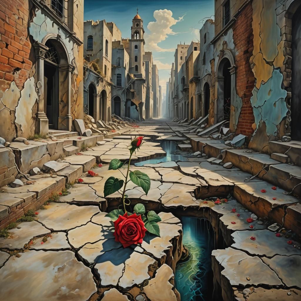 Rose Survives in Dystopian City: Surrealist Oil Painting