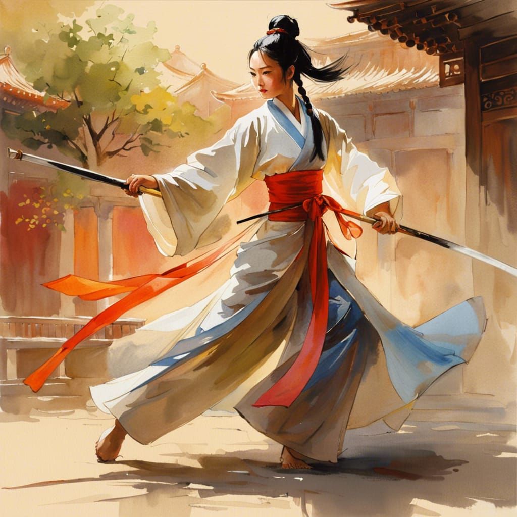 Wuxia Princess Practicing Martial Arts in Watercolour Style