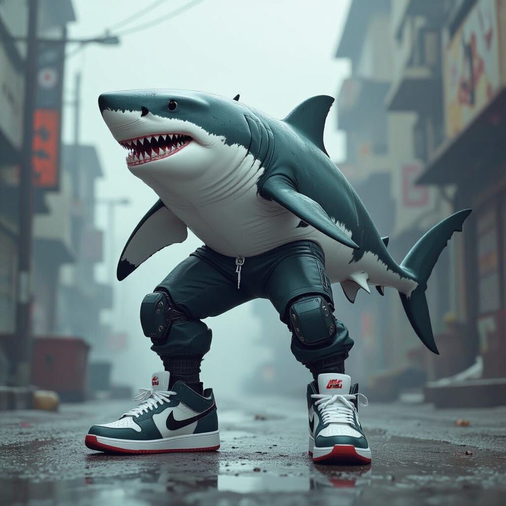 Shark with Nike Sneakers in Urban Coastal Scene