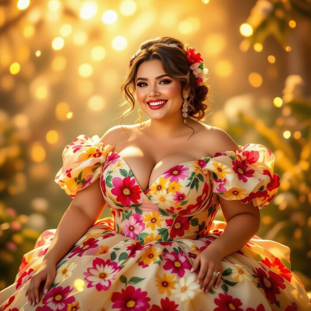 Joyful Woman in Floral Dress with Golden Luminescence
