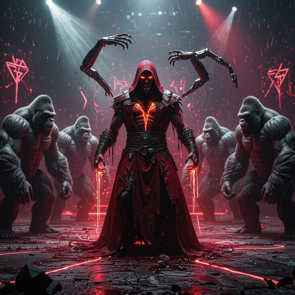 Cosmic Stage Battle: Defiant Figure vs. Silverback Gorillas