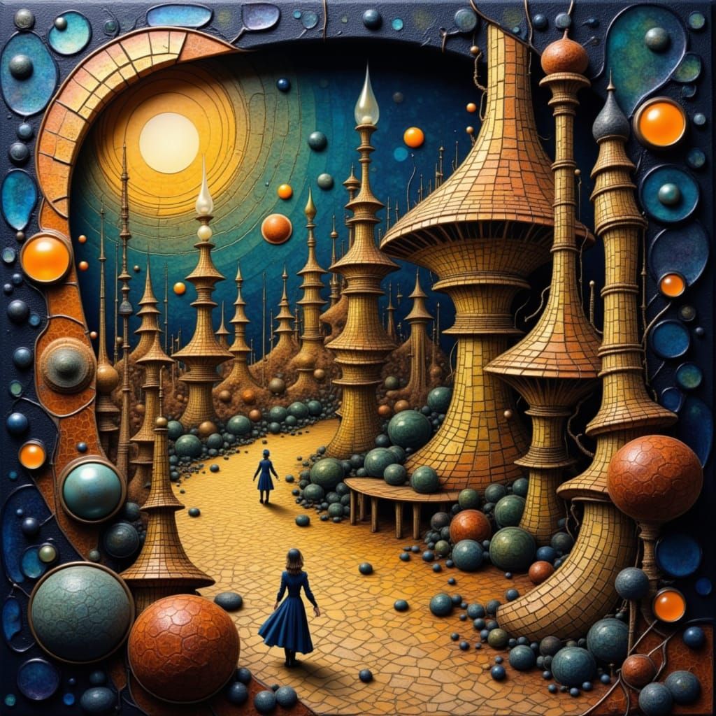 Surreal Futuristic Mosaic at Night in Earthy Tones