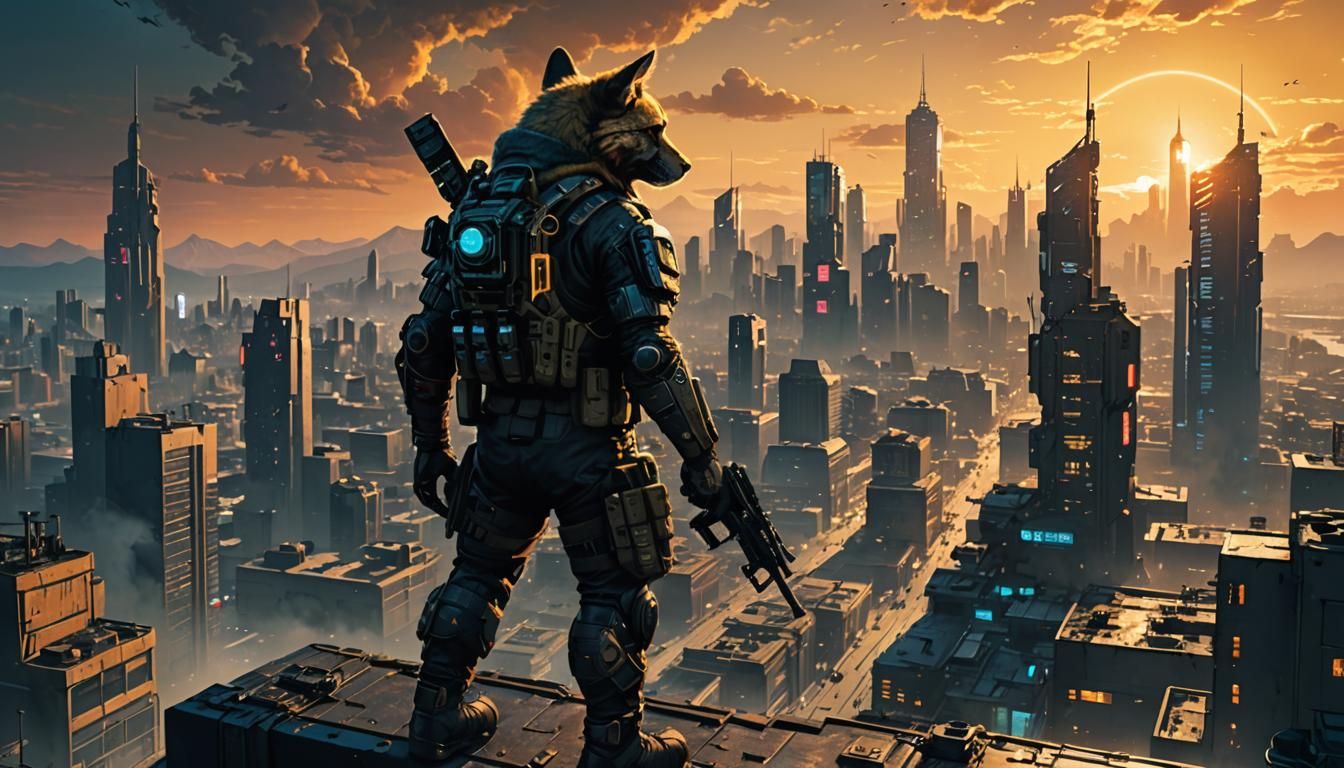 Furry Character in Cyberpunk Cityscape at Sunset