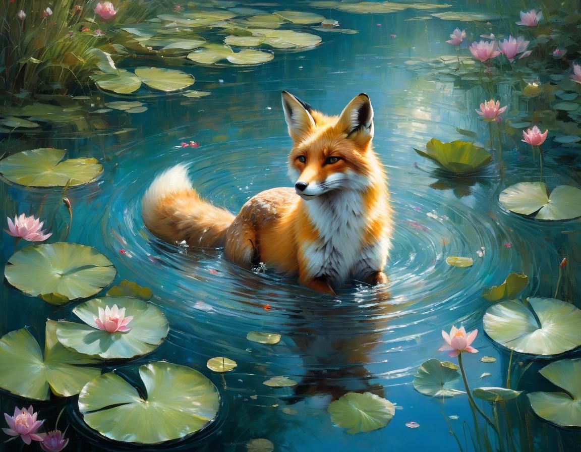 Fox Playing Among Lilies in Embossed Oil Art