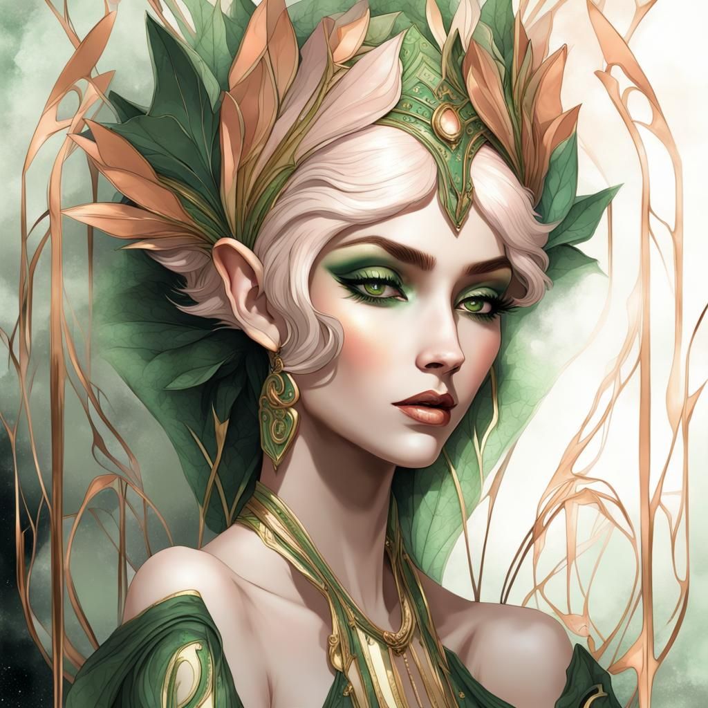 Gilded Art Deco Elf in a Dark Fantasy Spring