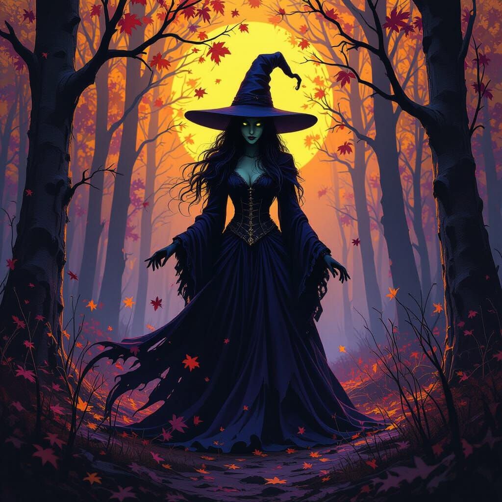 Wicked Witch in Dark Autumn Forest Concept Art