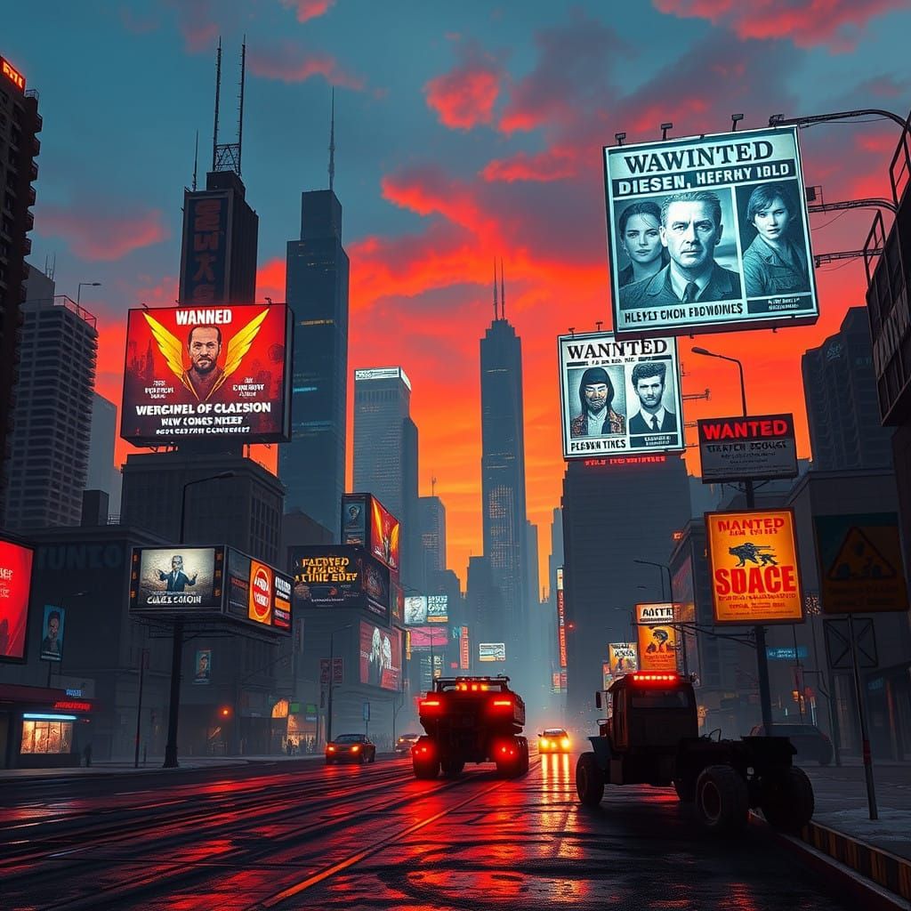 Holographic billboards, including government propaganda and criminal wanted posters, in a futuristic cyberpunk city at n...