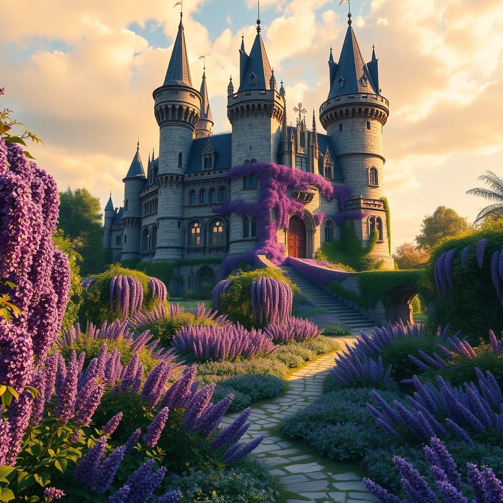 Medieval Castle in Lavender Garden, Fantasy Concept Art