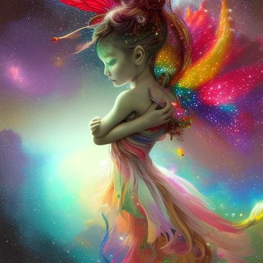 Hyperdetailed Rainbow Fairy in Galactic Spiral
