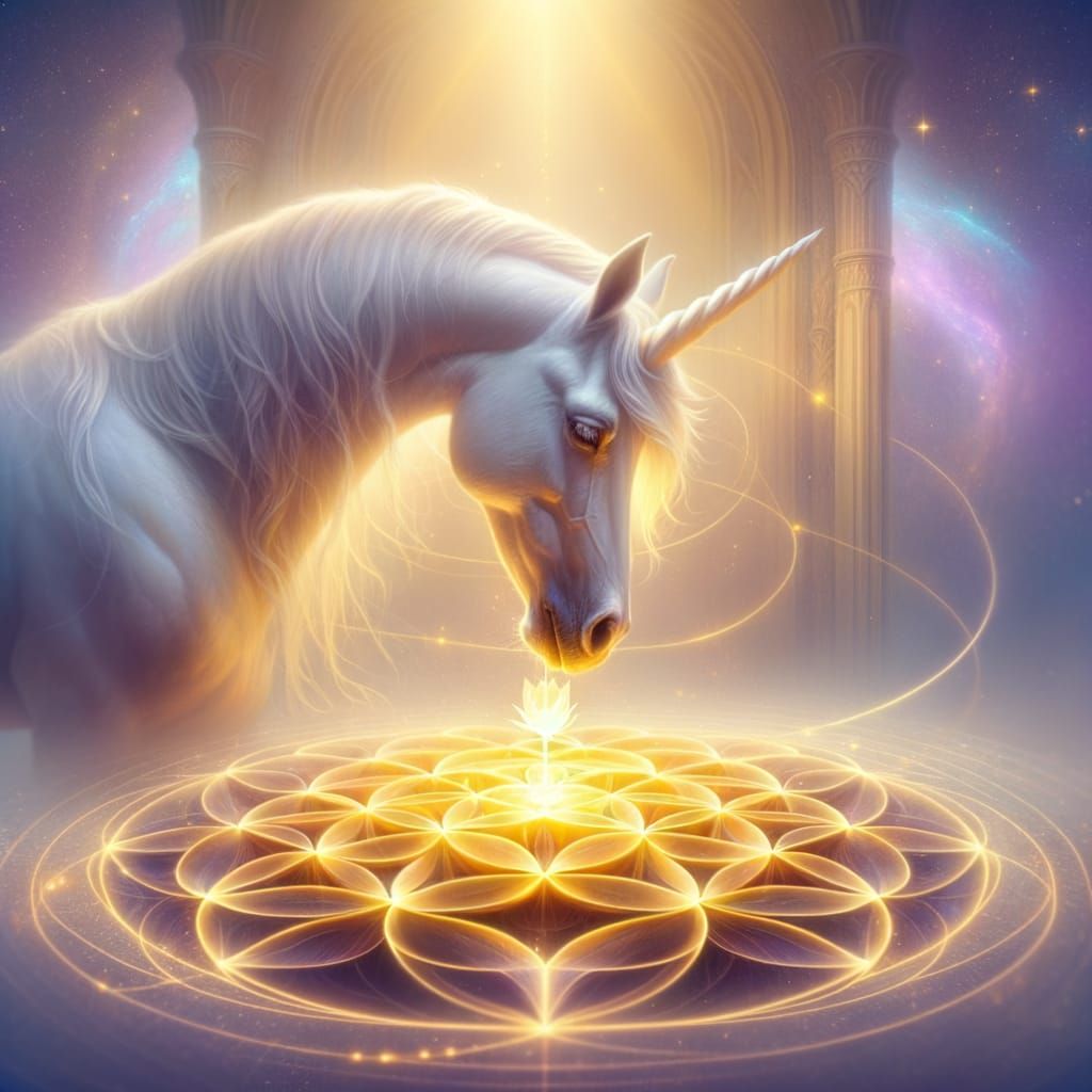 Ethereal Unicorn Contemplates Flower of Life in Dawn Mist