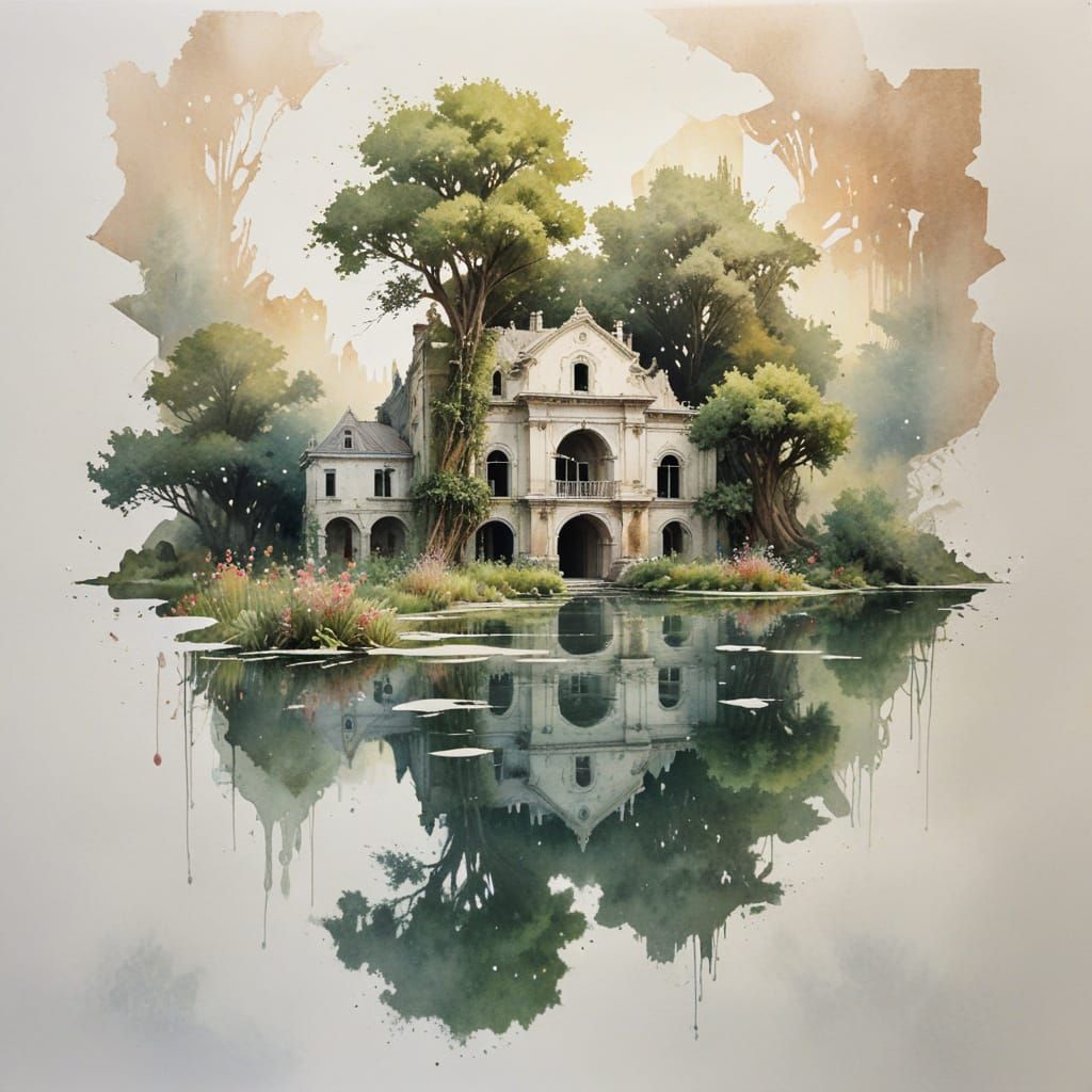 Ethereal Watercolor Study of an Abandoned Mansion