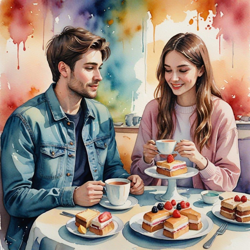 Whimsical Watercolor Scene of Young Couple Enjoying Tea and ...