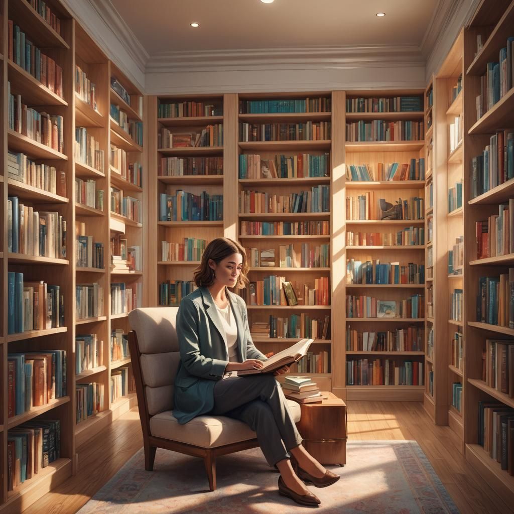 Elegant Woman in Cozy Closet Library: Concept Art