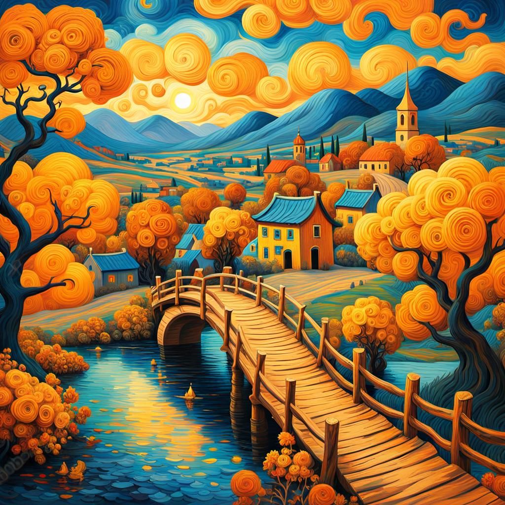 Fantasy Village Landscape as Impressionist Oil Painting