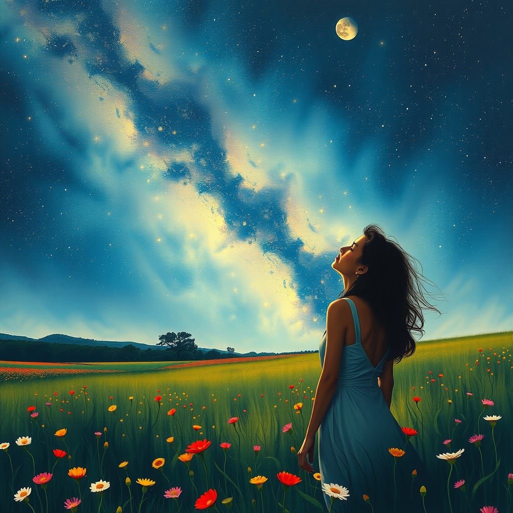 Contemplative Woman Under Starry Night Sky in Dreamy Landsca...