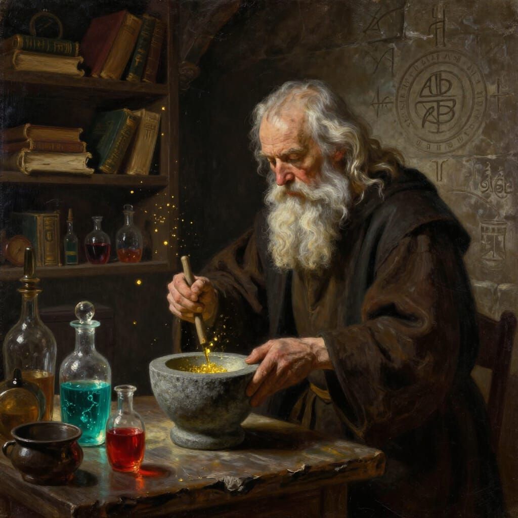 Ancient Alchemist Grinding Reagents in Mystical Lab