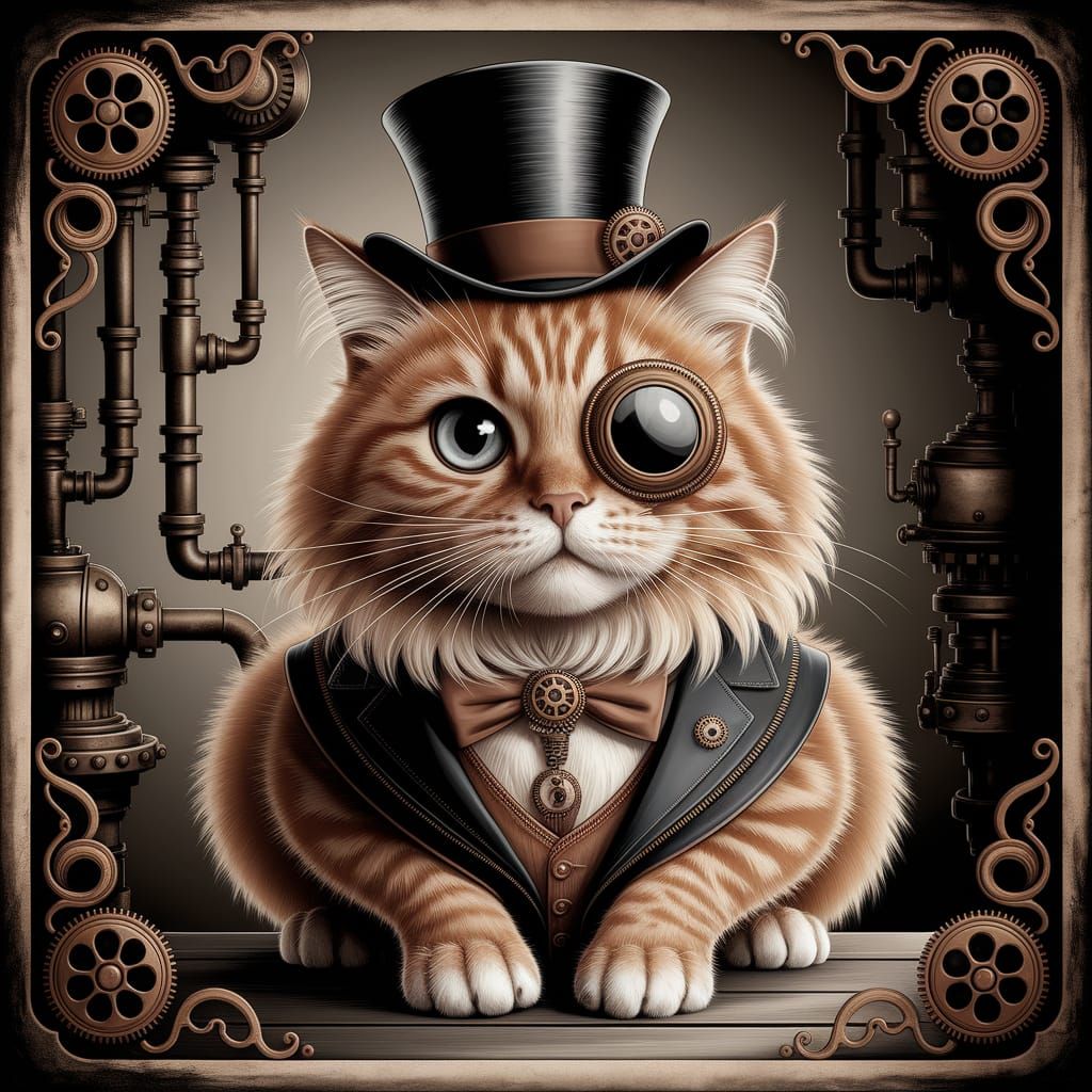 Steampunk Cat Portrait with Gears and Victorian Machinery
