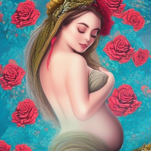 Pregnant Goddess in Red Roses: Fantasy Concept Art