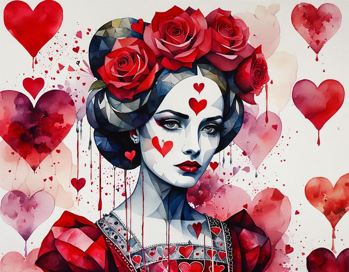 Surreal Queen of Hearts in Watercolor with Roses
