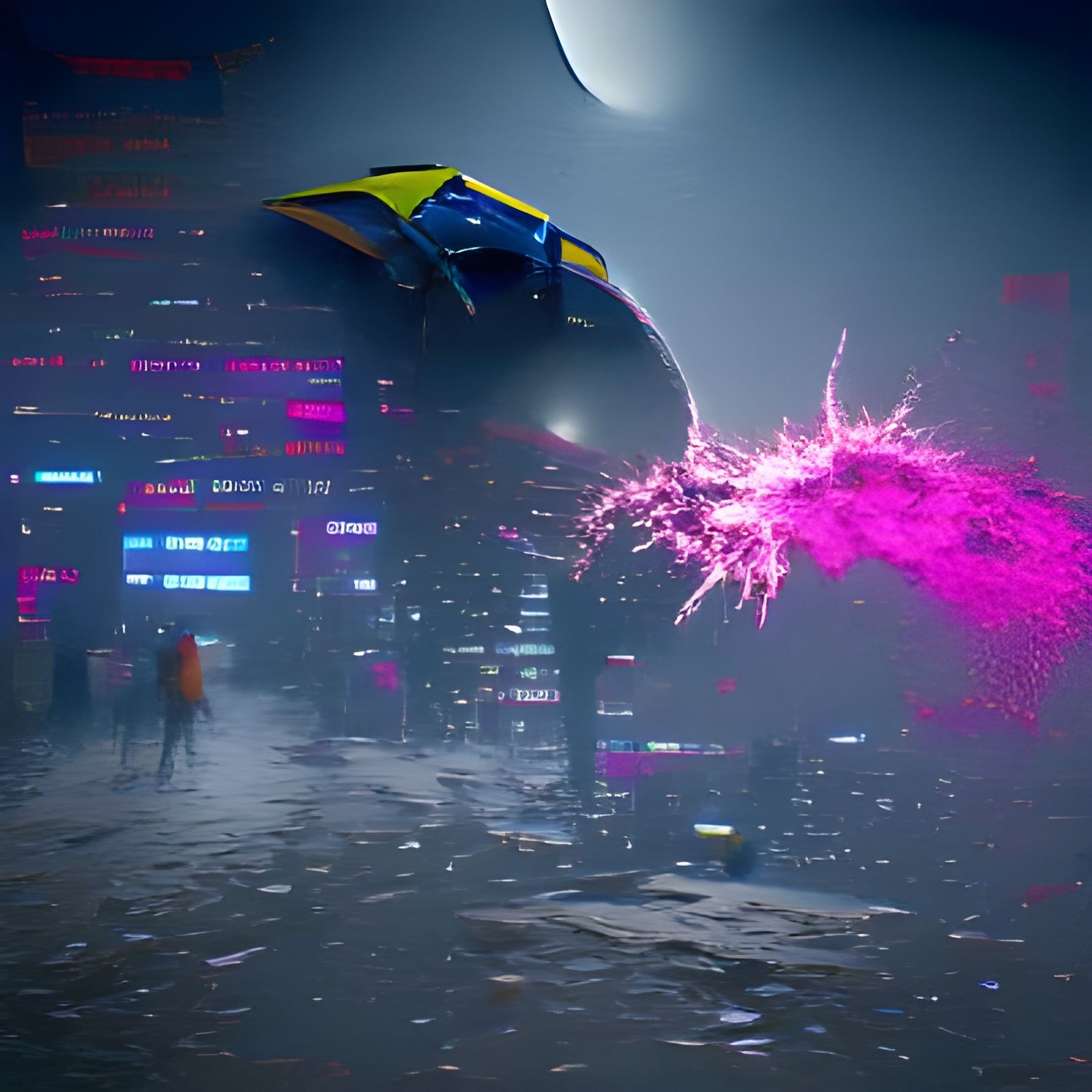 Moon Exploding in Cyberpunk Neon Landscape