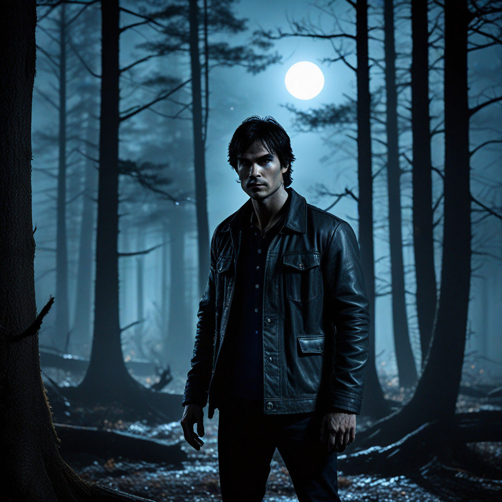 Ethereal Damon Salvatore in a Mysterious Forest Moonlit Scen...