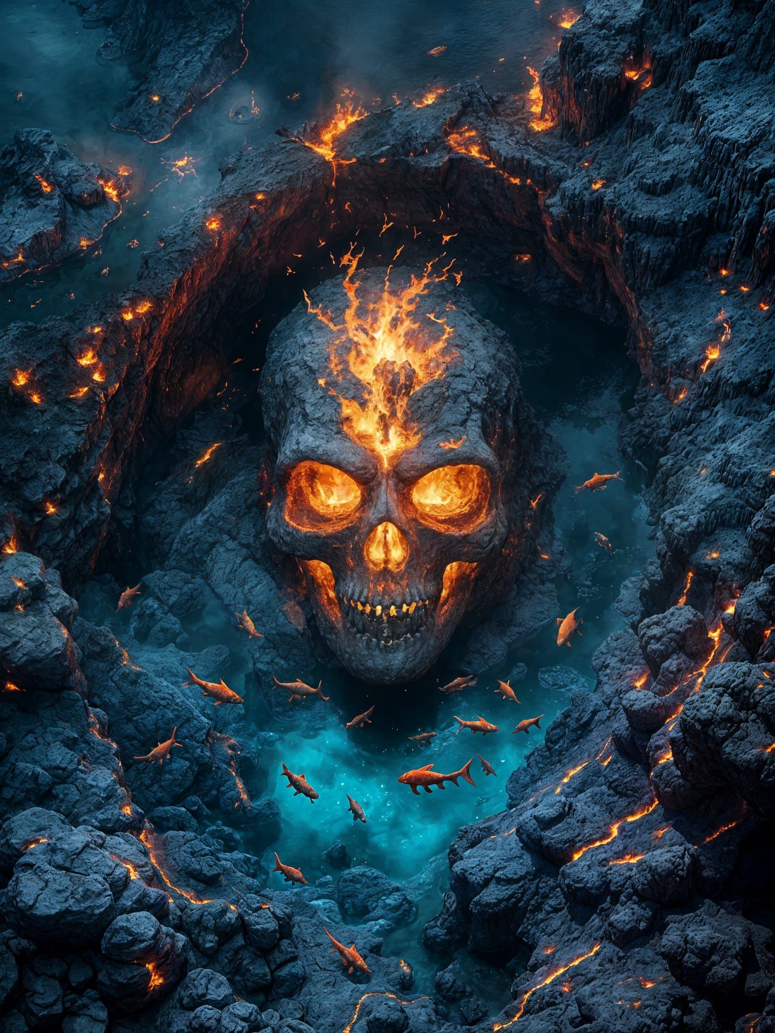 Volcanic Skull Lake with Piranhas: Matte Painting