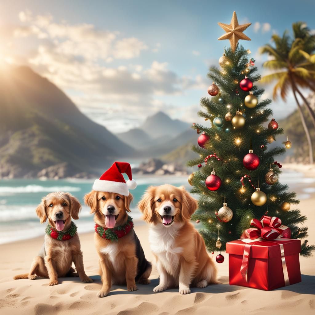 Dogs Celebrate Christmas on Sunny Beach