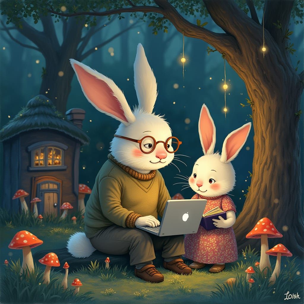 Whimsical Rabbit Couple in Miyazaki-esque Treehouse