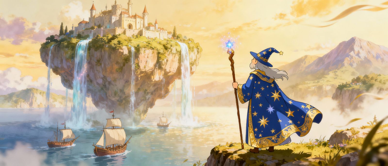 Wizard on Cliff Gazes at Floating Island