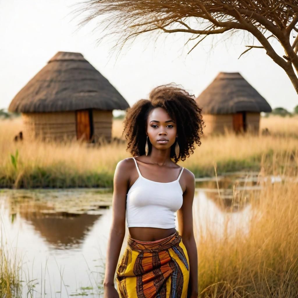 African Woman in Savanna Landscape with Huts