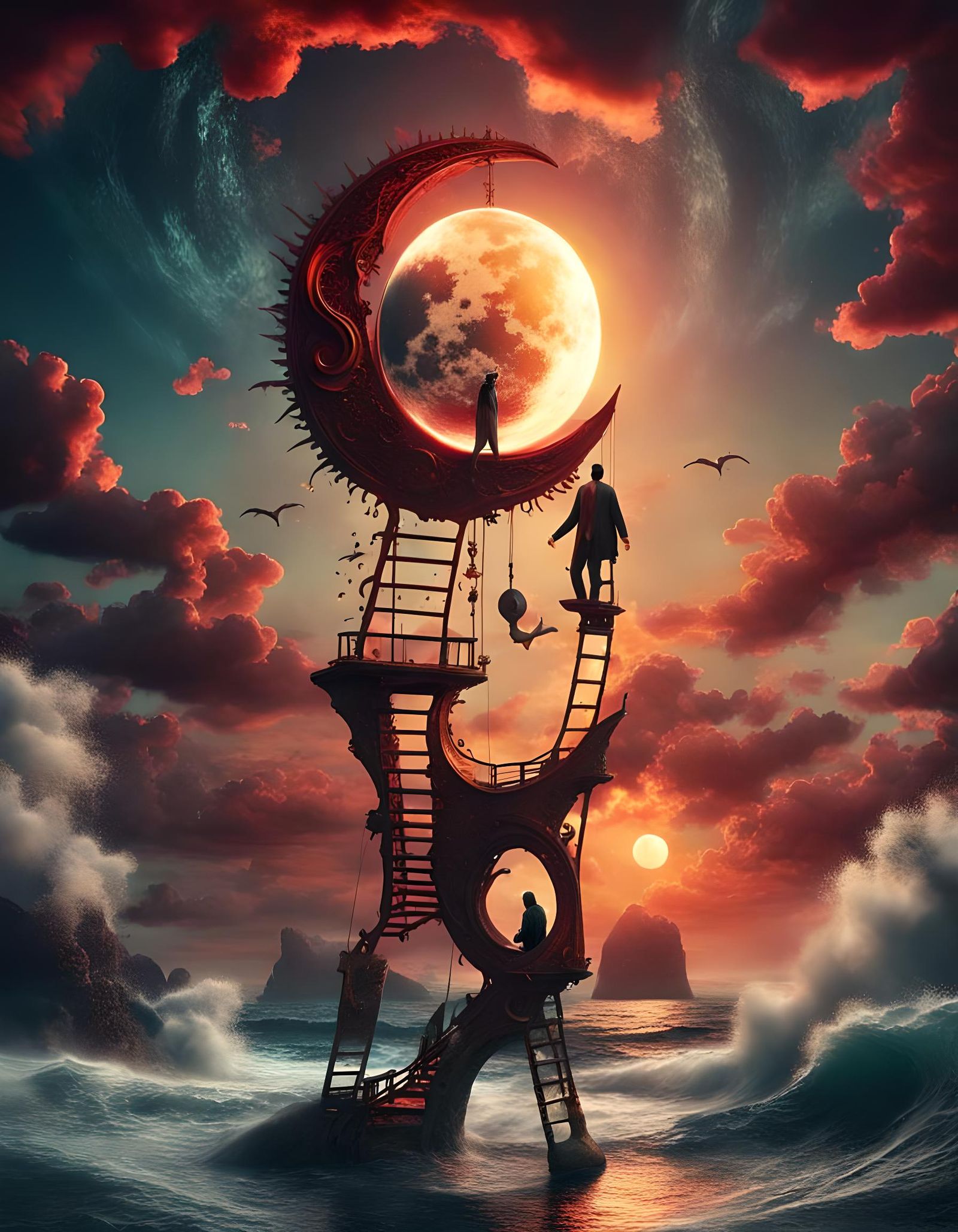 Surreal Yin Yang Sun and Moon at Sunset