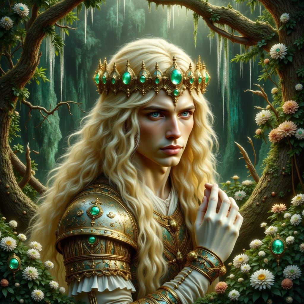 Celestial Knight with Stardust Armor in Art Nouveau Style