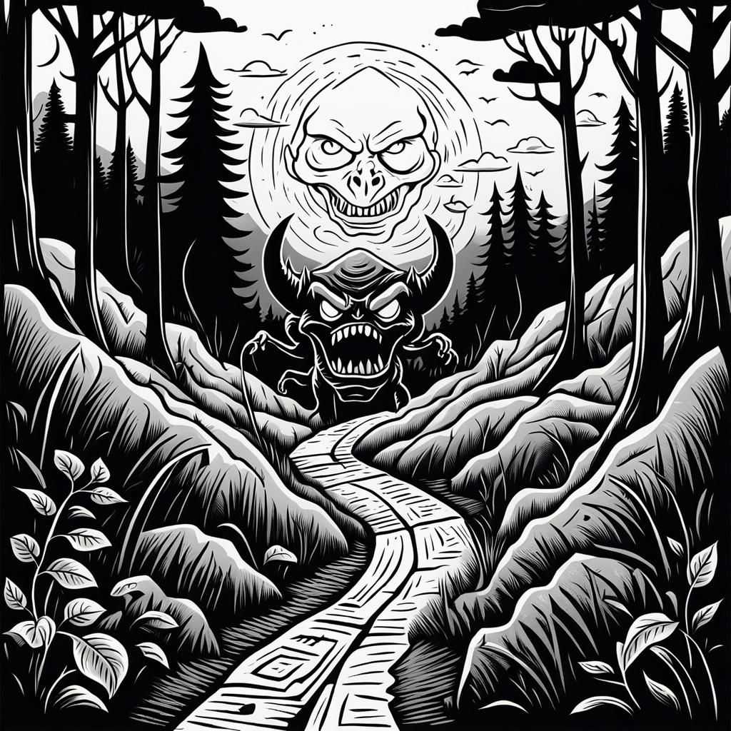 Evil Demon in Nature: Black and White Linocut