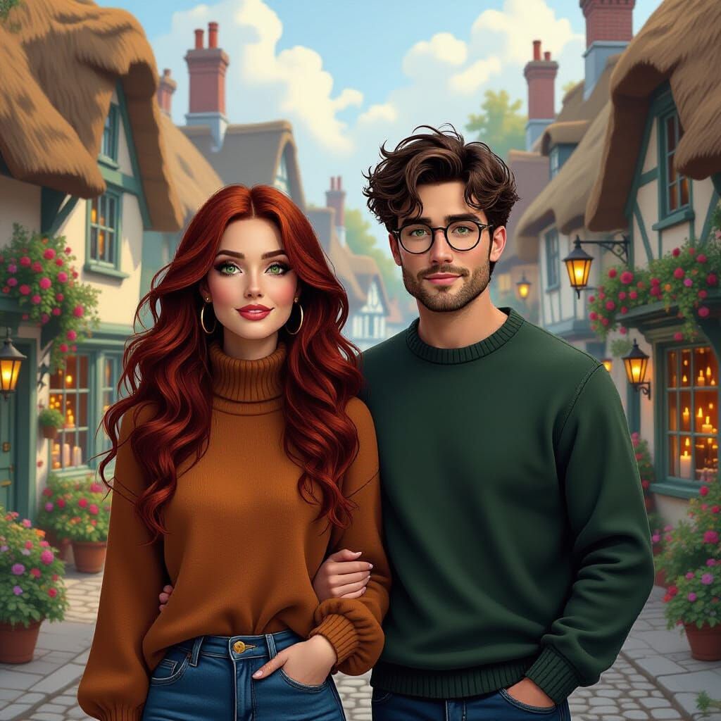 Couple Strolling Through Whimsical Village, Fantasy Art Styl...